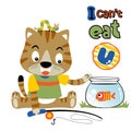 Cat with little friends, vector cartoon illustration