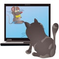 Cat and little mouse on the screen of the notebook Royalty Free Stock Photo