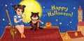 Cat and little witch are celebrating happy Halloween. Night sky with moon and stars. Postcard for friend or family. Wonderland.