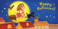 Cat and little witch flying on a broom. Night sky with moon and stars. Postcard for happy Halloween. Friend or family. Wonderland.