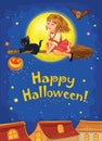 Cat and little witch flying on a broom. Night sky with moon and stars. Postcard for happy Halloween. Friend or family. Wonderland.