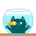 Cat looking through aquarium glass. Playing with gold fish. Big eyes. Swimming goldfish. Paw print hand. Cute cartoon kawaii funny Royalty Free Stock Photo