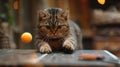 Cat looking at a ball on a tennis table with a blurred background