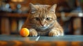 Cat looking at a ball on a tennis table with a blurred background