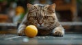 Cat looking at a ball on a tennis table with a blurred background