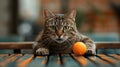 Cat looking at a ball on a tennis table with a blurred background