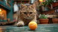 Cat looking at a ball on a tennis table with a blurred background