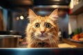 A cat is looking at the camera in a kitchen, AI Royalty Free Stock Photo