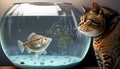 Cat looking curiously at a fish that is inside a round fish tank. Royalty Free Stock Photo
