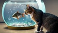 Cat looking curiously at a fish that is inside a round fish tank. Royalty Free Stock Photo