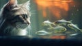 A cat looking at fish in a pond, AI Royalty Free Stock Photo