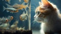 A cat looking at fish in a tank, AI Royalty Free Stock Photo