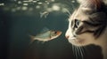 A cat looking at a fish under water, AI Royalty Free Stock Photo