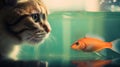 A cat looking at a fish in water, AI Royalty Free Stock Photo