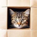 cat looking out of the cardboard box