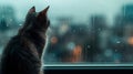 Cat looking out of a window onto a cityscape in the rain Royalty Free Stock Photo