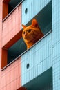 A cat looking out of a window on the second floor, AI Royalty Free Stock Photo
