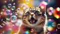 The cat looks at the flying soap bubbles