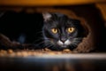 a cat looks for a mouse through a hole in the wall Royalty Free Stock Photo