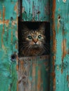 Cat looks out of hole in old wooden door Royalty Free Stock Photo