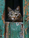 Cat looks out of hole in old wooden door Royalty Free Stock Photo