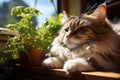 Cat lounging contentedly in a sunlit windowsill - stock photography concepts