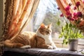 cat lounging near open window, spring breeze rustling curtains