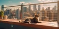 cat lounging on a sun-drenched balcony, with a panoramic view of a city skyline or natural landscape in the background