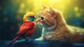 cat in love with bird, sitting together Royalty Free Stock Photo