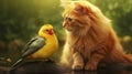 cat in love with bird, sitting together Royalty Free Stock Photo