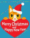 A Cat In Love. Happy New Year Card With Cat Vector. Christmas Kitty With Red Santa Hat. Royalty Free Stock Photo