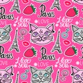 Cat love in Paris. Lettering hand drawn seamless pattern. Eiffel tower and strawberry stickers. Vector illustration Royalty Free Stock Photo