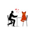 Cat lover in cafe. my kitty. Lovers in restaurant. Pet and guy.