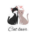 Cat lover lettering vector illustration, cartoon flat cute happy cats sitting together with pink loving hearts, pets on Royalty Free Stock Photo