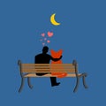 Cat lover sitting on bench. my kitty. Pet and guy. Romantic date