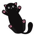 Cat lying on back. Cartoon baby pet character. Long body. Pink paw print. Cute kawaii chilling black kitten head face. Happy Royalty Free Stock Photo