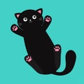 Cat lying on back. Pink paw print. Cartoon baby pet character. Long body. Cute kawaii chilling black kitten head face. Happy