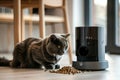 Cat lying in background with automatic feeder in focus, depicting pet care and modern convenience