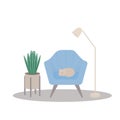 A cat is lying on a chair, a lamp, a flower. Cozy, cute illustration.