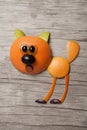 Cat made with orange on wooden background