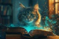 A cat with a magical tome floating beside it revealing its superhero knowledge and wisdom Royalty Free Stock Photo