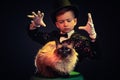 Cat and Magician kid illusionist boy in hat. costume mystery black background