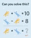 Cat Math riddle for kids and adults. Picture equations, fun picture math worksheet. Vector format