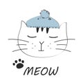 Cat meow vector illustration drawing with writing, black outlines of cat`s head, cat snout with ears, whiskers and paws