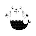 Cat mermaid fish tail Kitten ready for a hugging. Contour line. Open hand paw print. Kitty reaching for a hug. Funny Kawaii baby a