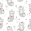 Cat Mermaid seamless pattern. Happy twins. Vector illustration EPS 10