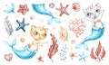 Cat mermaid unicorn Baby cute girl. Watercolor nursery cartoon sea animals, marine magic life. Royalty Free Stock Photo
