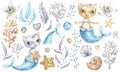 Cat mermaid unicorn Baby cute girl. Watercolor nursery cartoon sea animals, marine magic life.