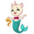 Cat mermaid or unicorn cartoon vector illustration for kid birthday greeting card design template Royalty Free Stock Photo