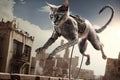 cat, with metal and plastic prosthetic leg, running and jumping on rooftops